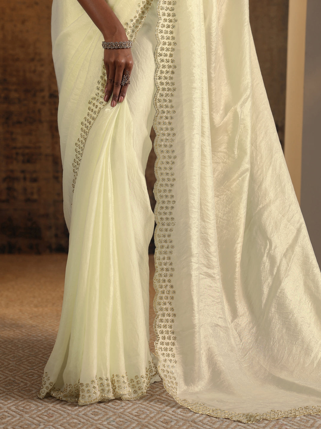 Off White Solid Jimmy Choo Satin Saree With Unstitched Blouse Piece