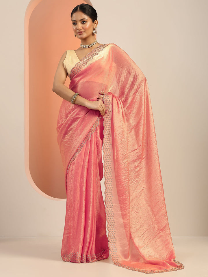 Peach Solid Satin Saree With Unstitched Blouse Piece