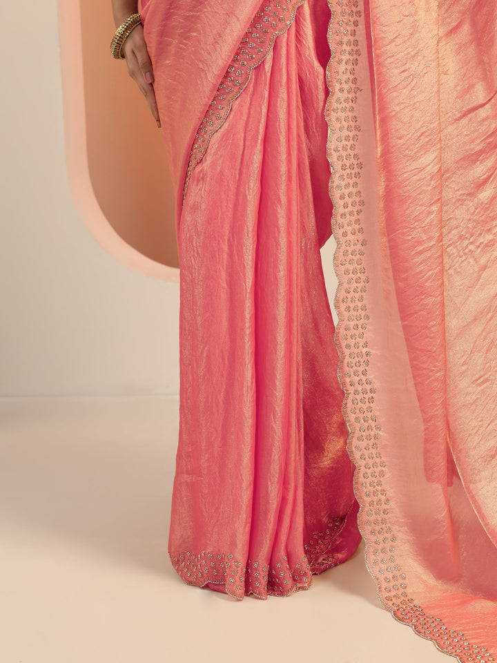Peach Solid Satin Saree With Unstitched Blouse Piece