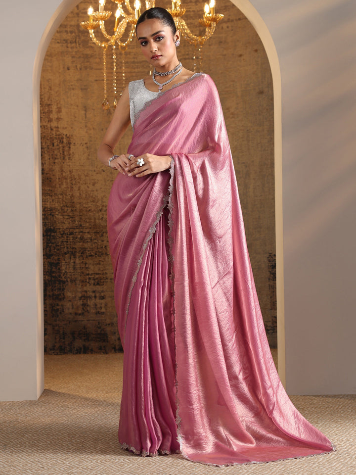 Pink Embellished Jimmy Choo Satin Saree With Unstitched Blouse Piece
