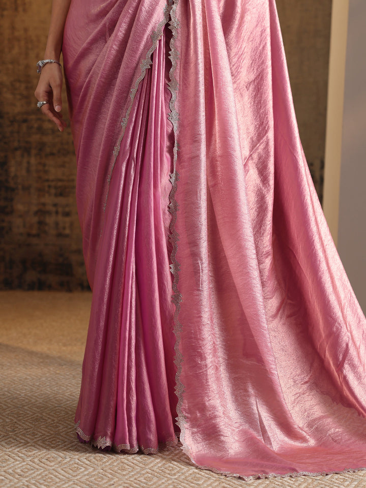 Pink Embellished Jimmy Choo Satin Saree With Unstitched Blouse Piece