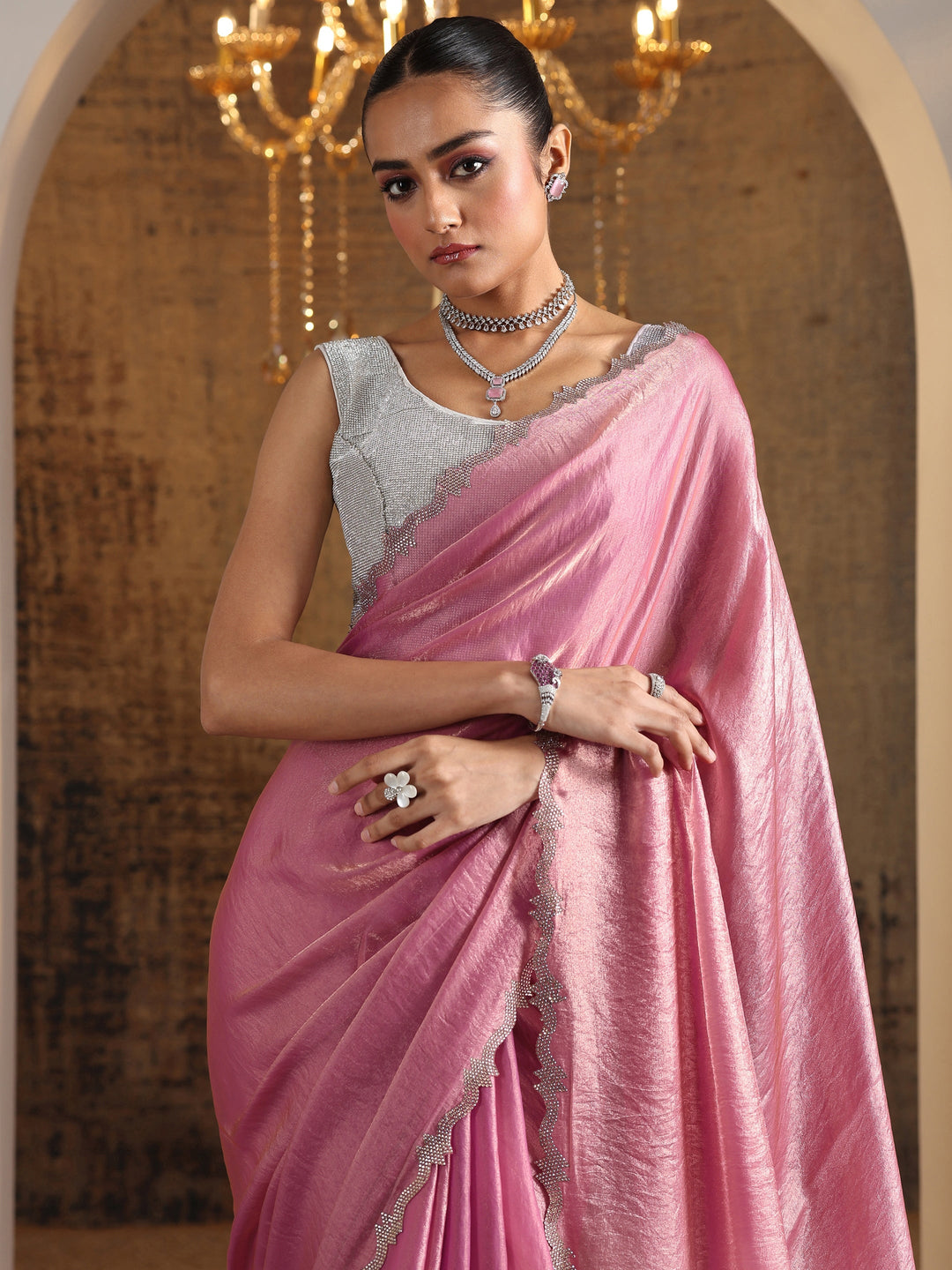 Pink Embellished Jimmy Choo Satin Saree With Unstitched Blouse Piece