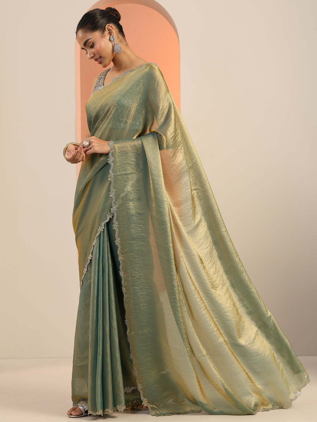 Teal Solid Jimmy Choo Satin Saree With Unstitched Blouse Piece