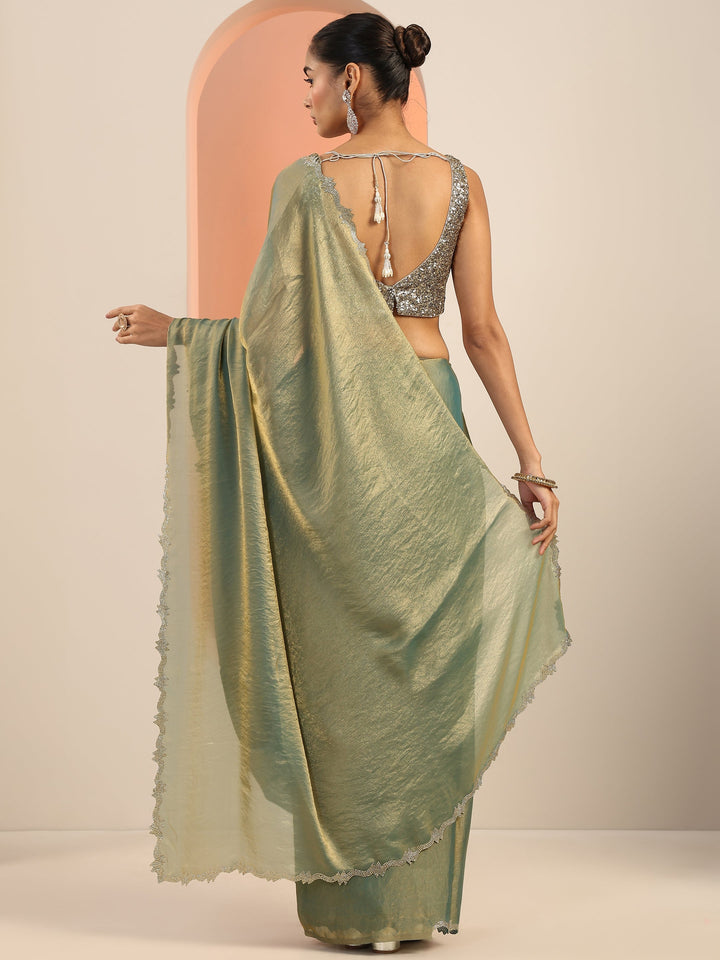 Teal Solid Jimmy Choo Satin Saree With Unstitched Blouse Piece