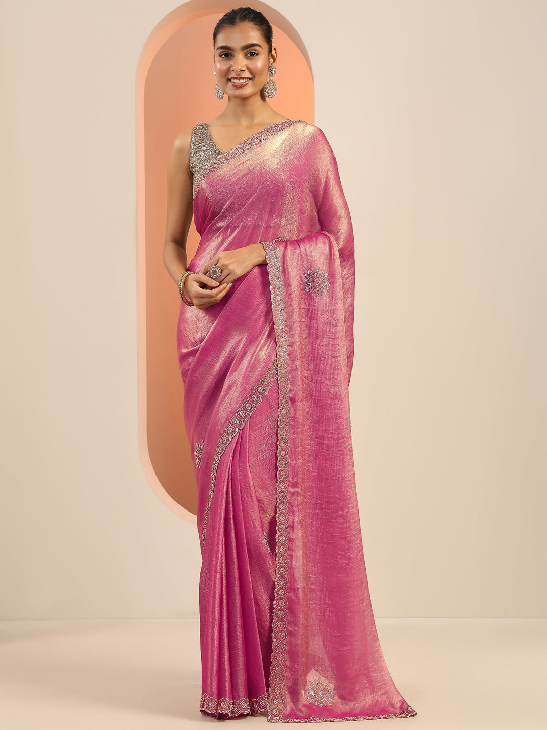 Pink Embellishments Jimmy Choo Satin Saree With Unstitched Blouse Piece