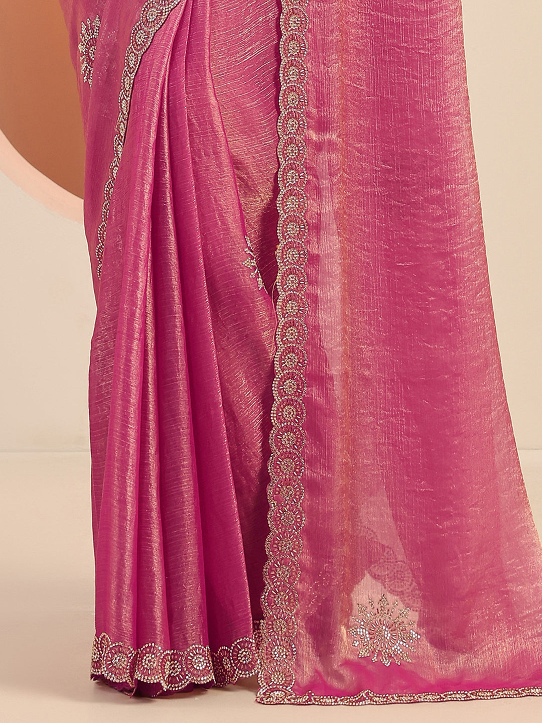 Pink Embellishments Jimmy Choo Satin Saree With Unstitched Blouse Piece