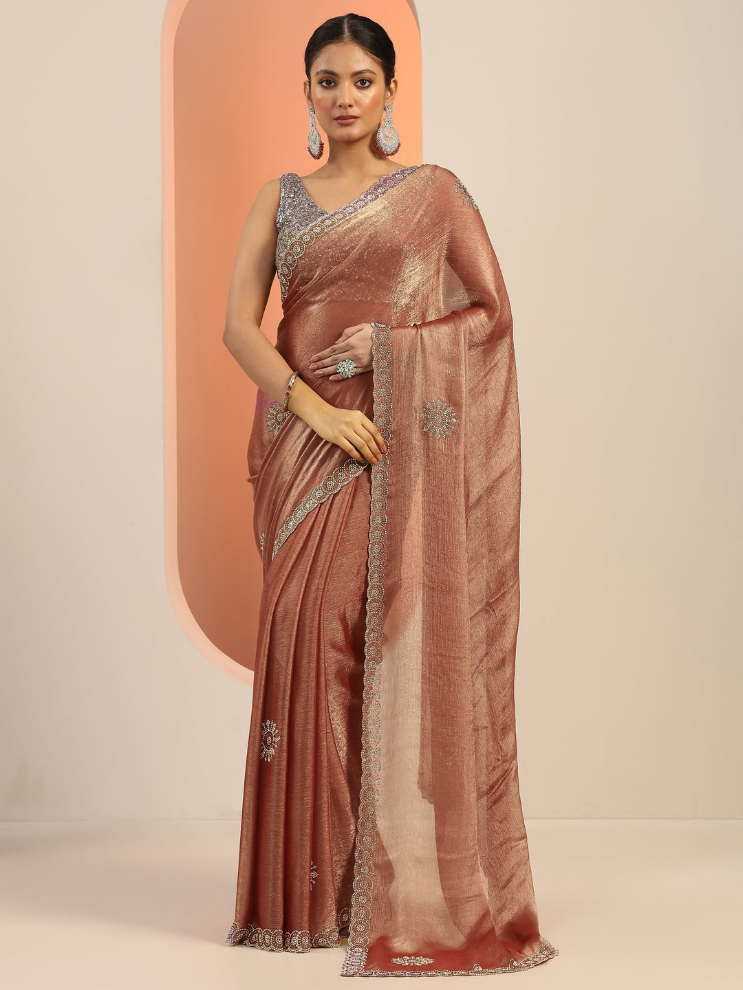 Rust Embellished Jimmy Choo Satin Saree With Unstitched Blouse Piece