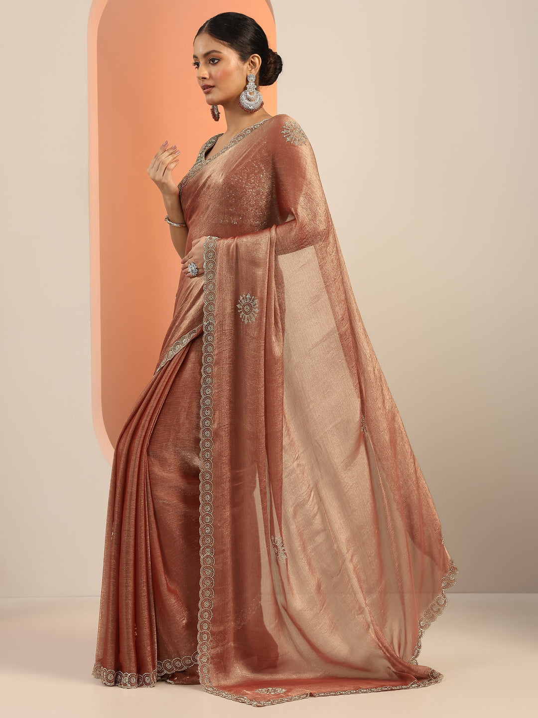 Rust Embellished Jimmy Choo Satin Saree With Unstitched Blouse Piece