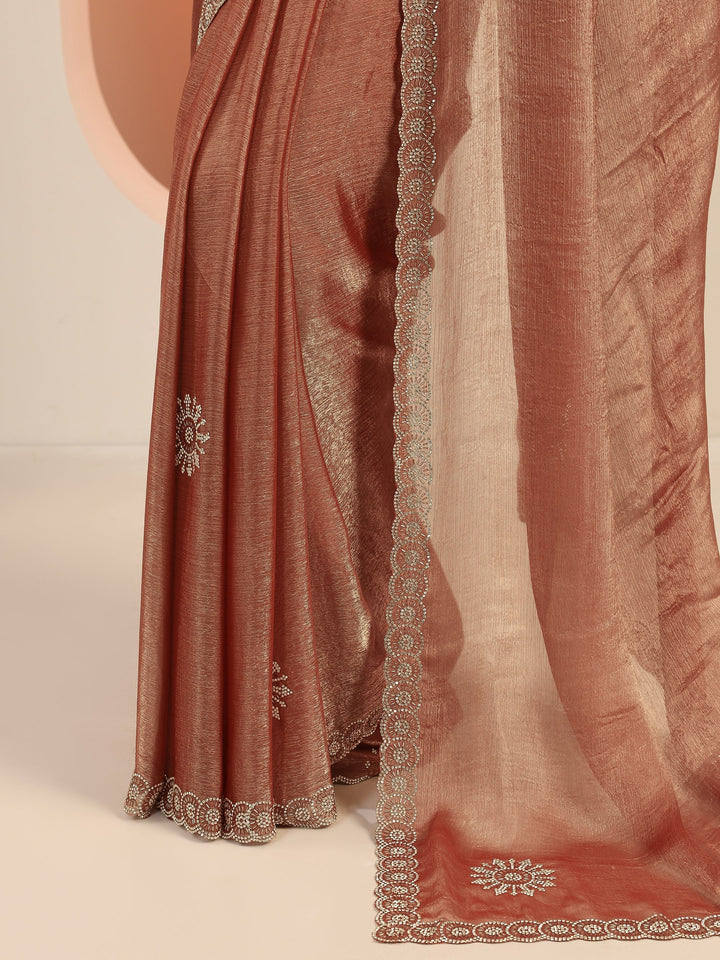 Rust Embellished Jimmy Choo Satin Saree With Unstitched Blouse Piece