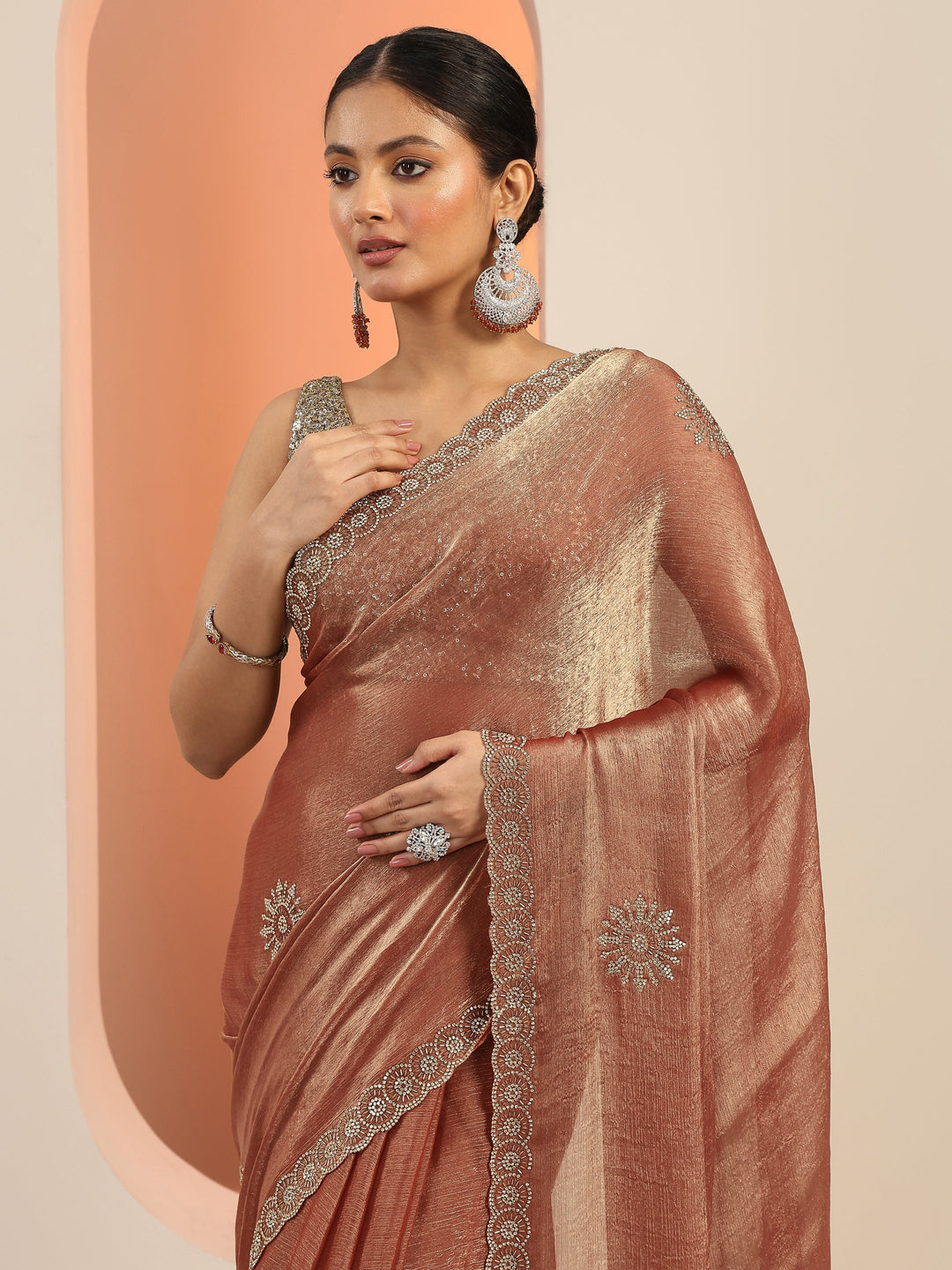 Rust Embellished Jimmy Choo Satin Saree With Unstitched Blouse Piece