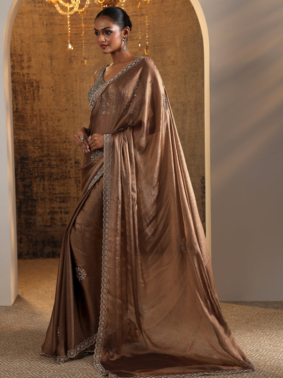 Brown Printed Jimmy Choo Satin Saree With Unstitched Blouse Piece