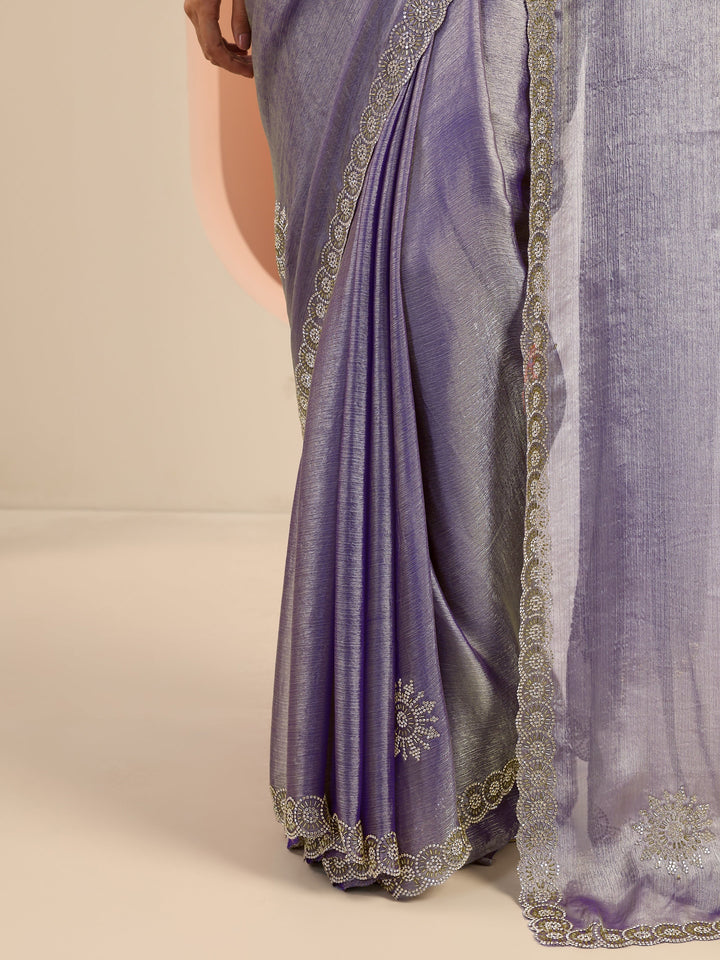 Purple Embellished Jimmy Choo Satin Saree With Unstitched Blouse Piece
