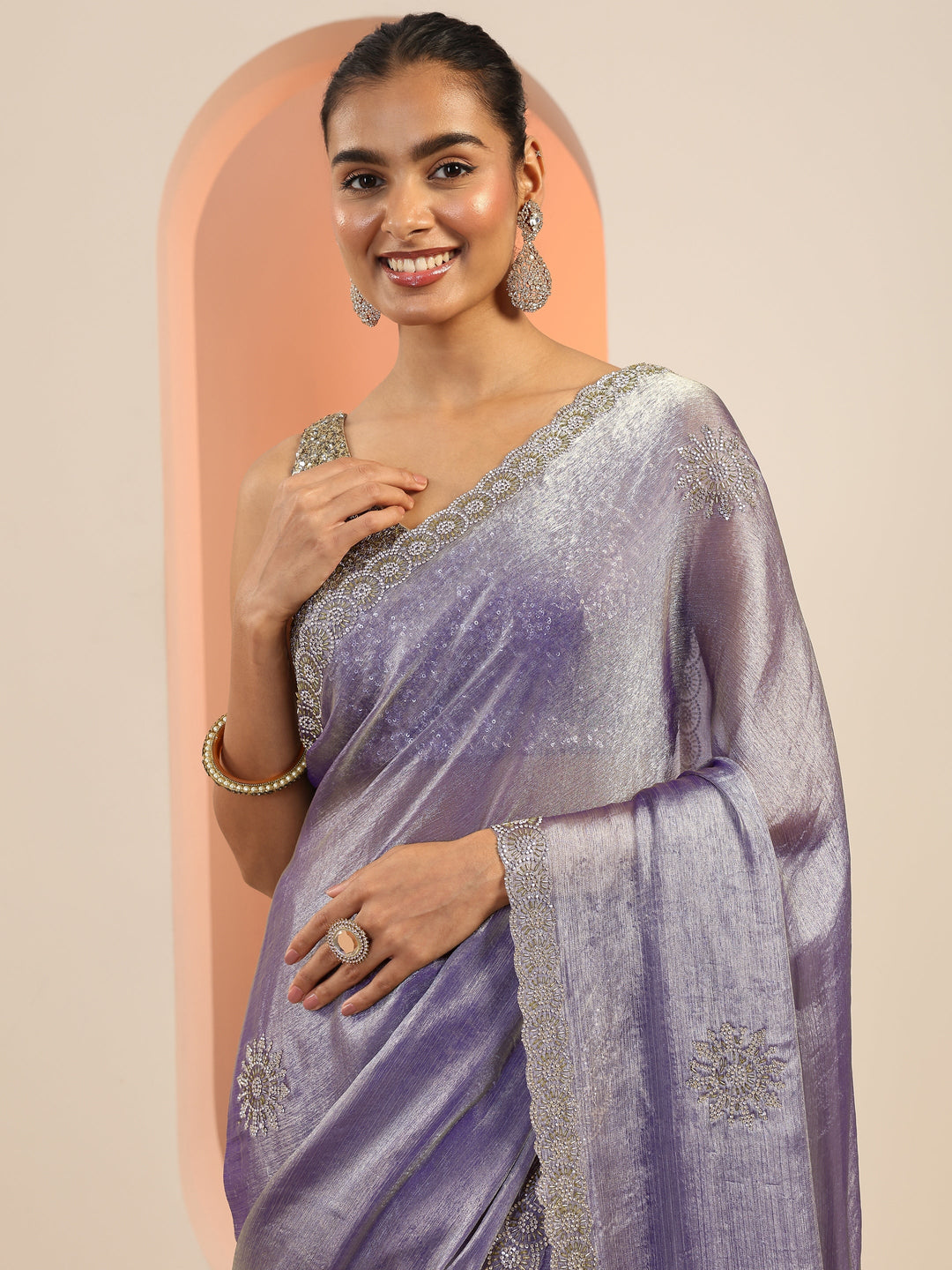 Purple Embellished Jimmy Choo Satin Saree With Unstitched Blouse Piece