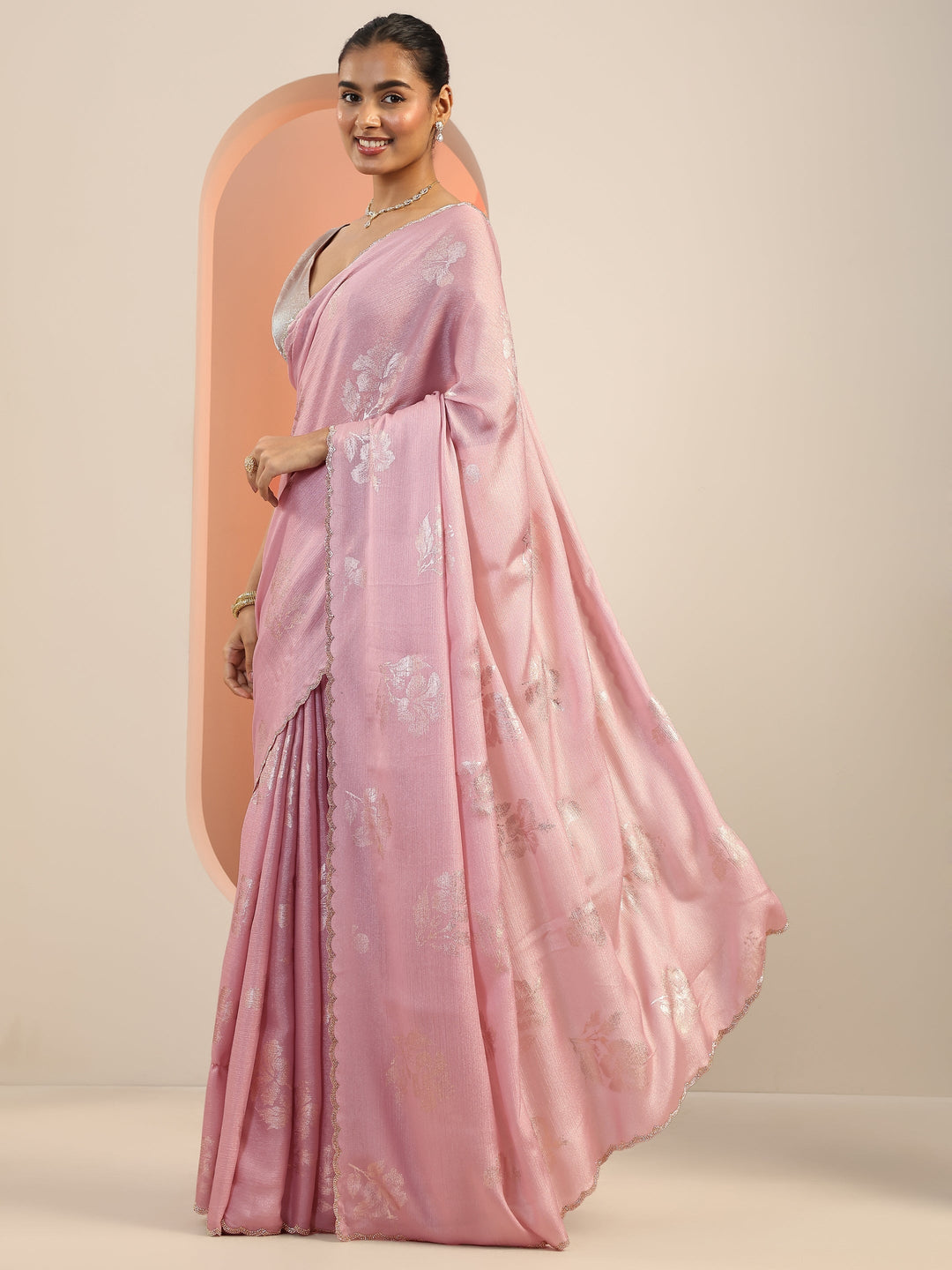 Pink Printed Chinon Saree With Unstitched Blouse Piece