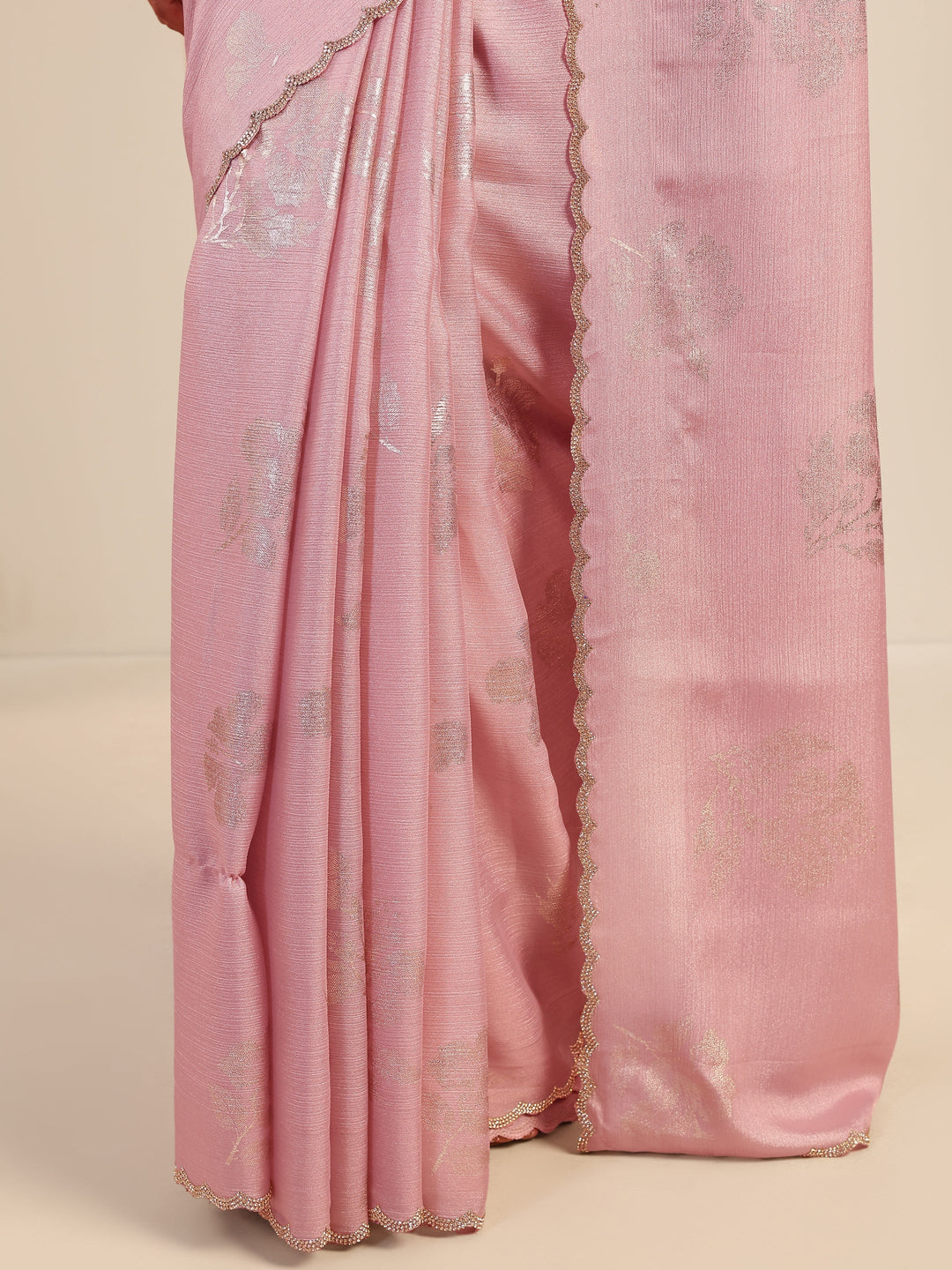 Pink Printed Chinon Saree With Unstitched Blouse Piece