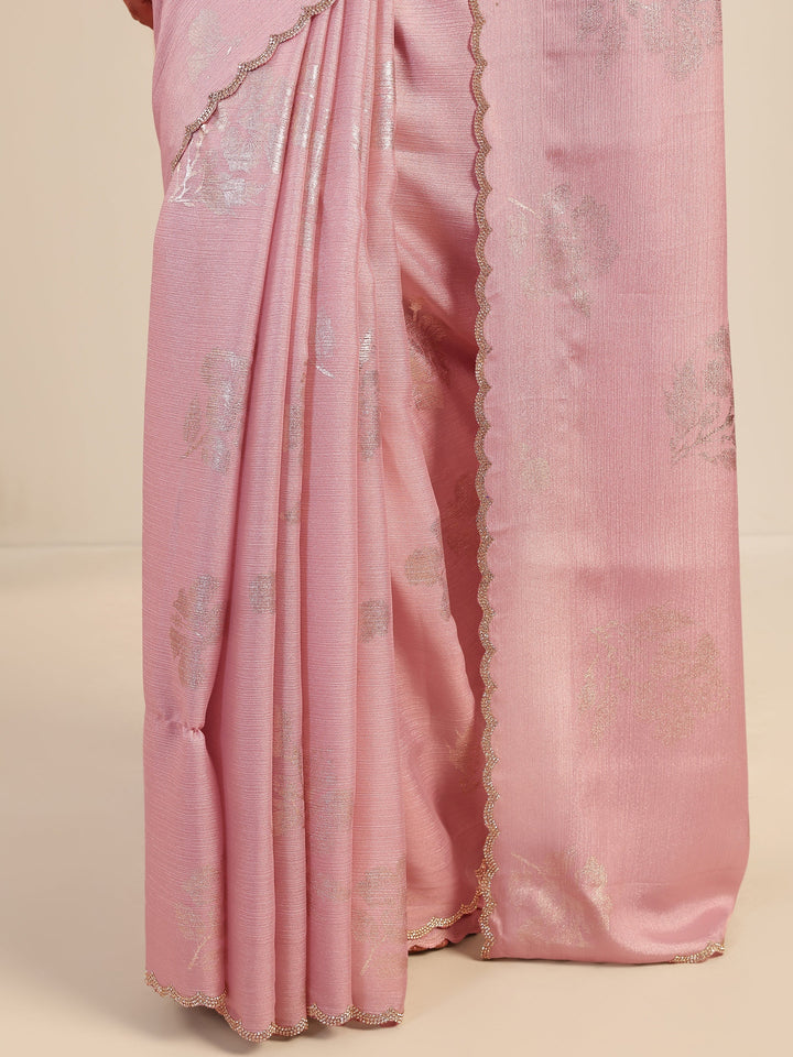Pink Printed Chinon Saree With Unstitched Blouse Piece