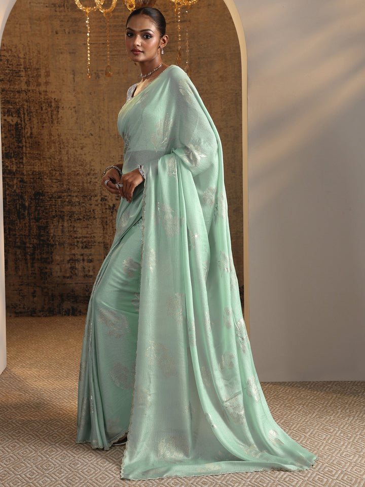 Green Printed Chinon Saree With Unstitched Blouse Piece