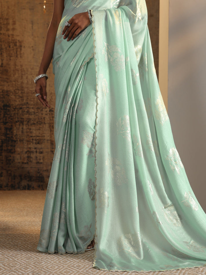 Green Printed Chinon Saree With Unstitched Blouse Piece