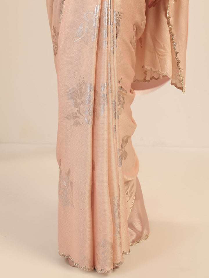 Peach Printed Chinon Saree With Unstitched Blouse Piece