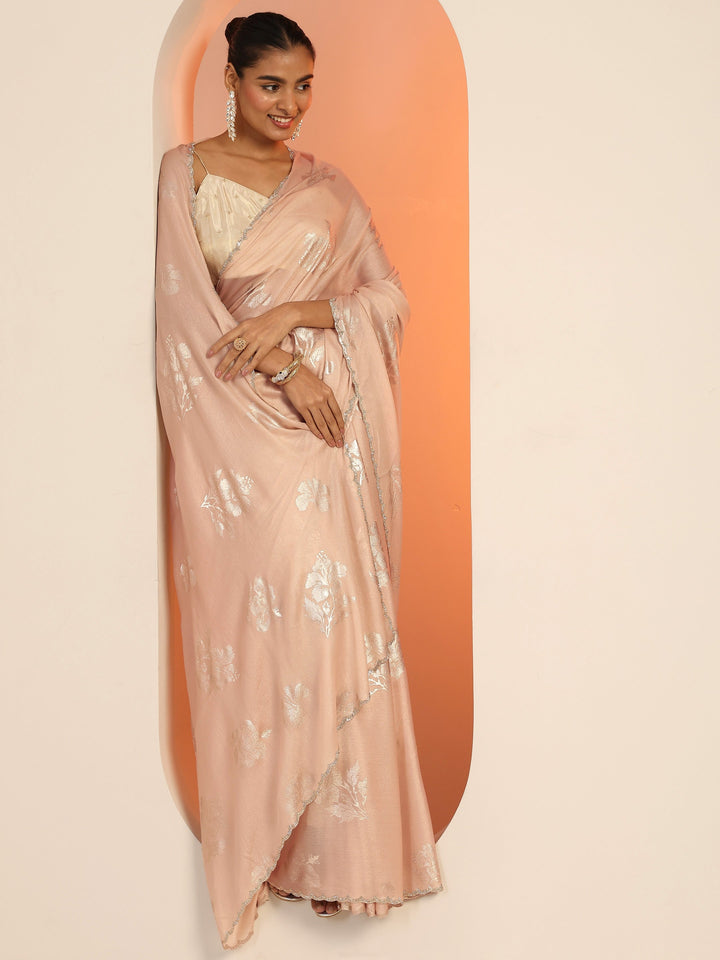 Peach Printed Chinon Saree With Unstitched Blouse Piece