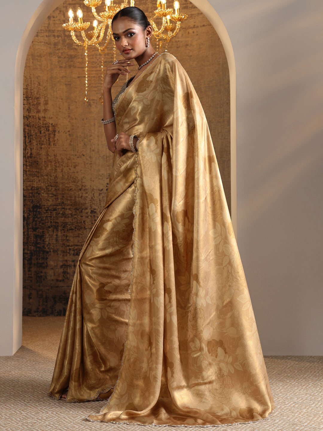 Brown Printed Satin Saree With Unstitched Blouse Piece