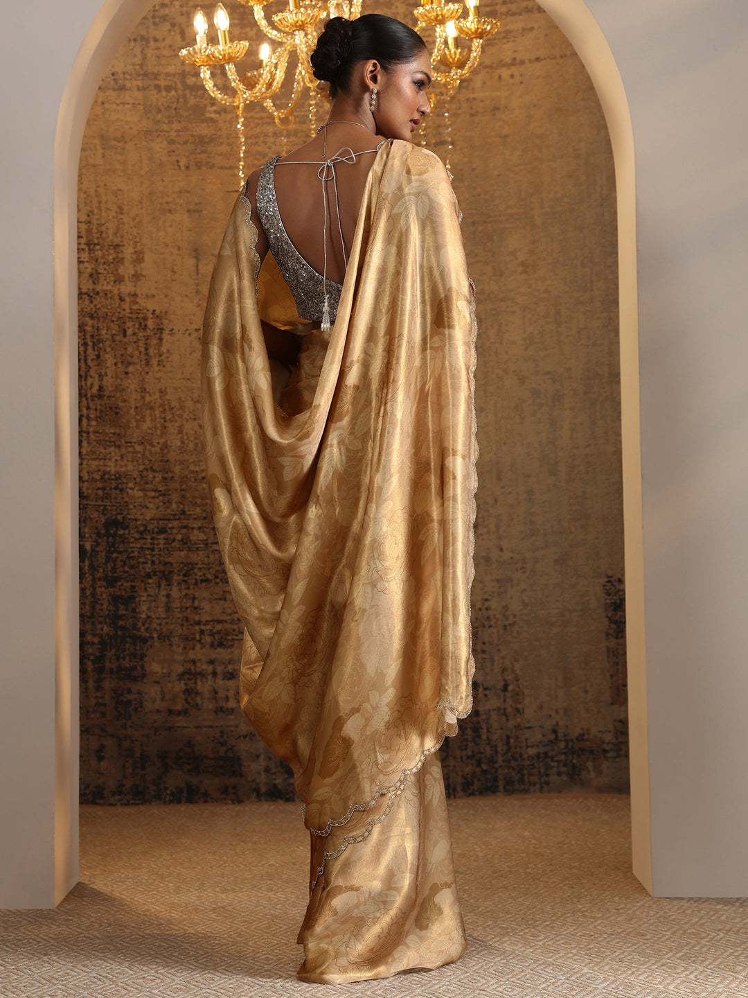 Brown Printed Satin Saree With Unstitched Blouse Piece