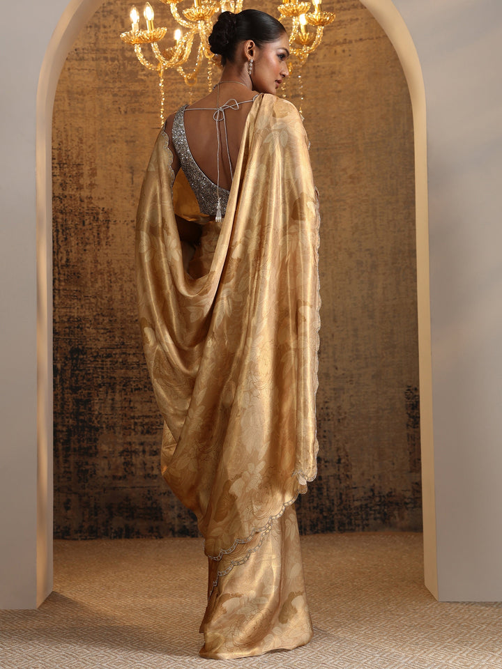 Brown Printed Satin Saree With Unstitched Blouse Piece