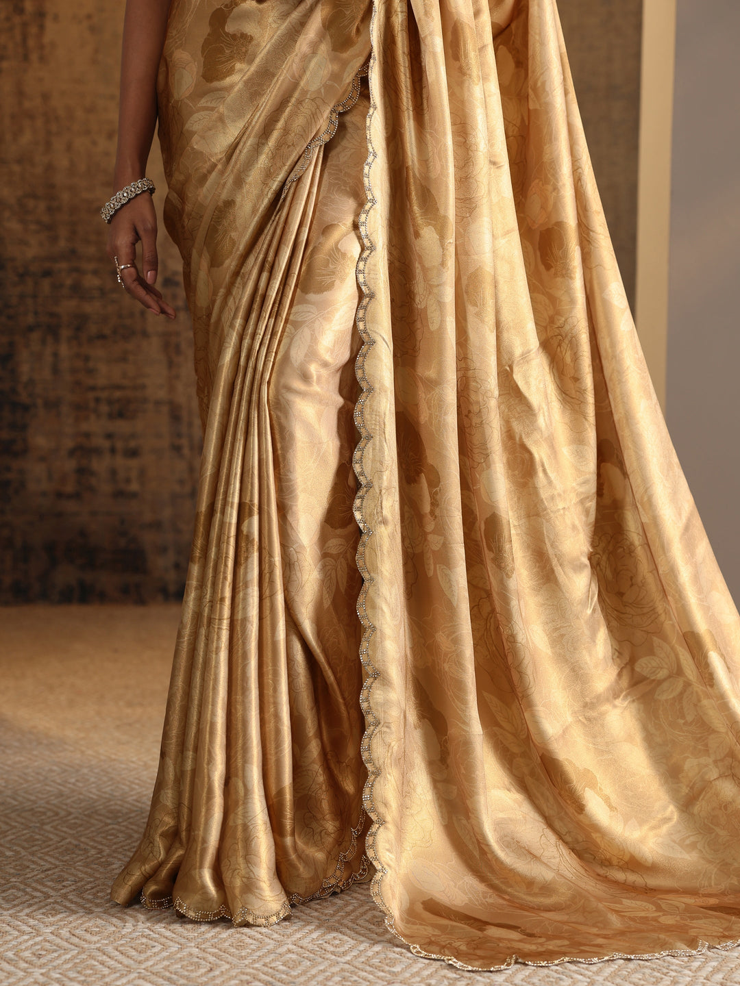 Brown Printed Satin Saree With Unstitched Blouse Piece