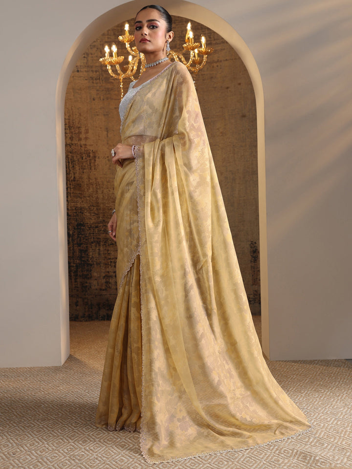 Gold Printed Organza Saree With Unstitched Blouse Piece