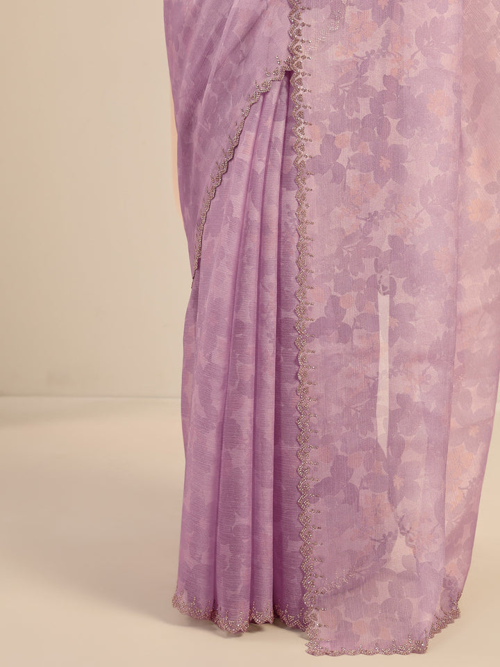 Lavender Printed Organza Saree With Unstitched Blouse Piece