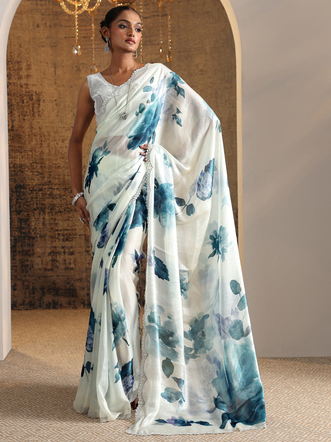 Blue Printed Satin Saree With Unstitched Blouse Piece