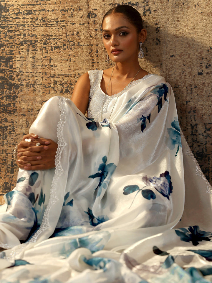 Blue Printed Satin Saree With Unstitched Blouse Piece