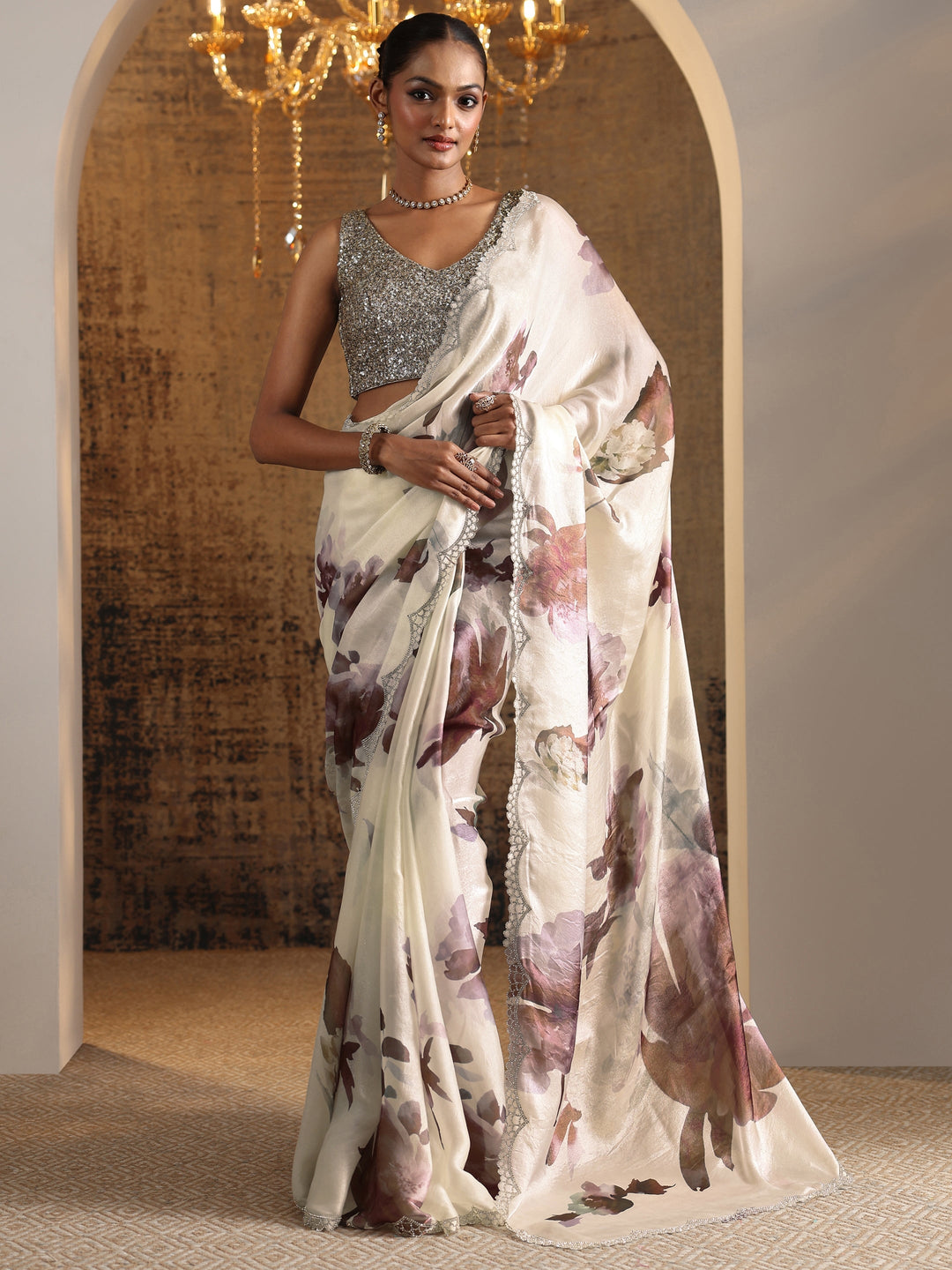 Brown Printed Satin Saree With Unstitched Blouse Piece