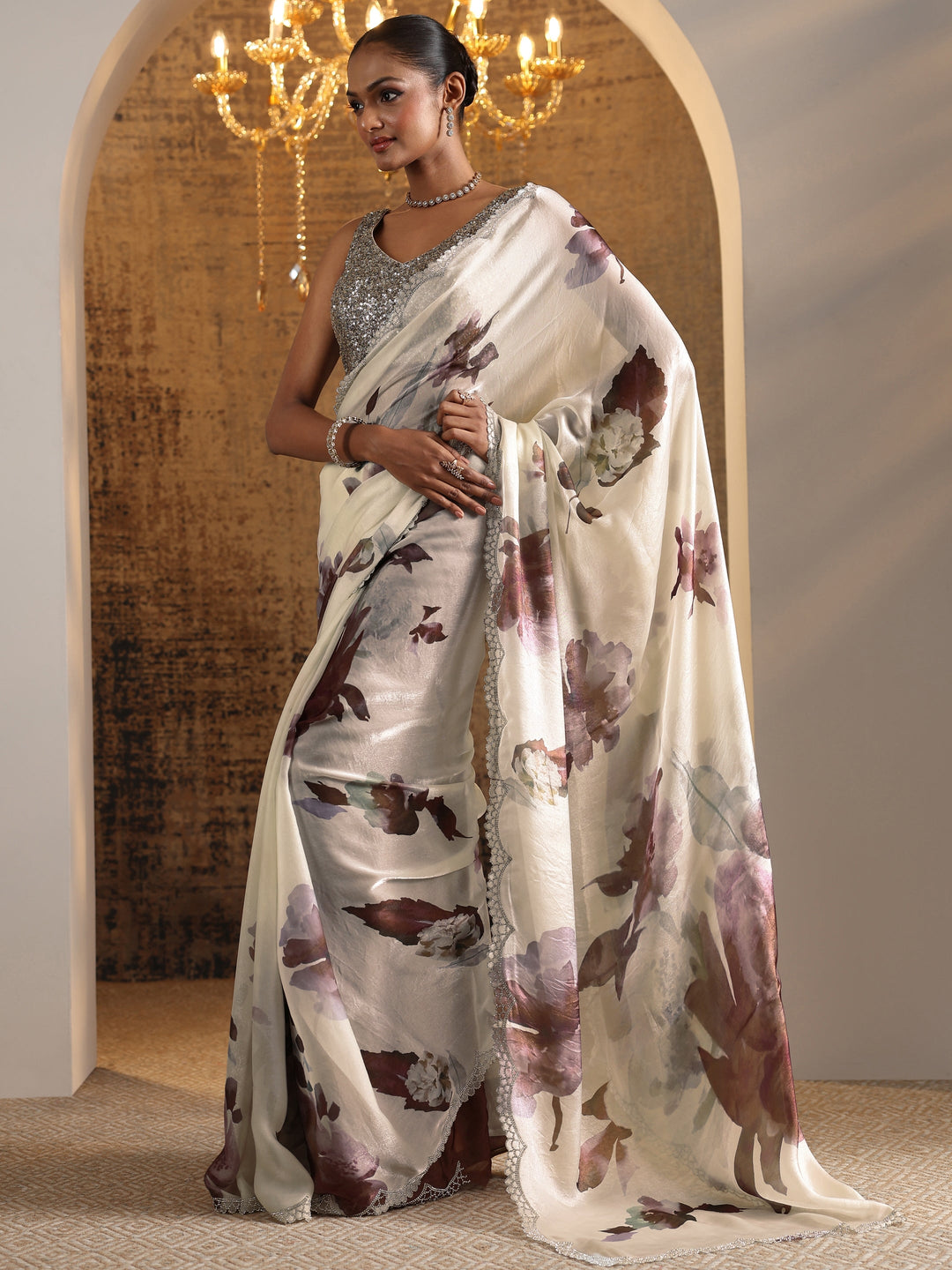 Brown Printed Satin Saree With Unstitched Blouse Piece
