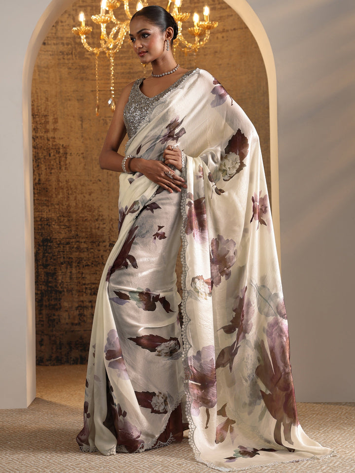 Brown Printed Satin Saree With Unstitched Blouse Piece