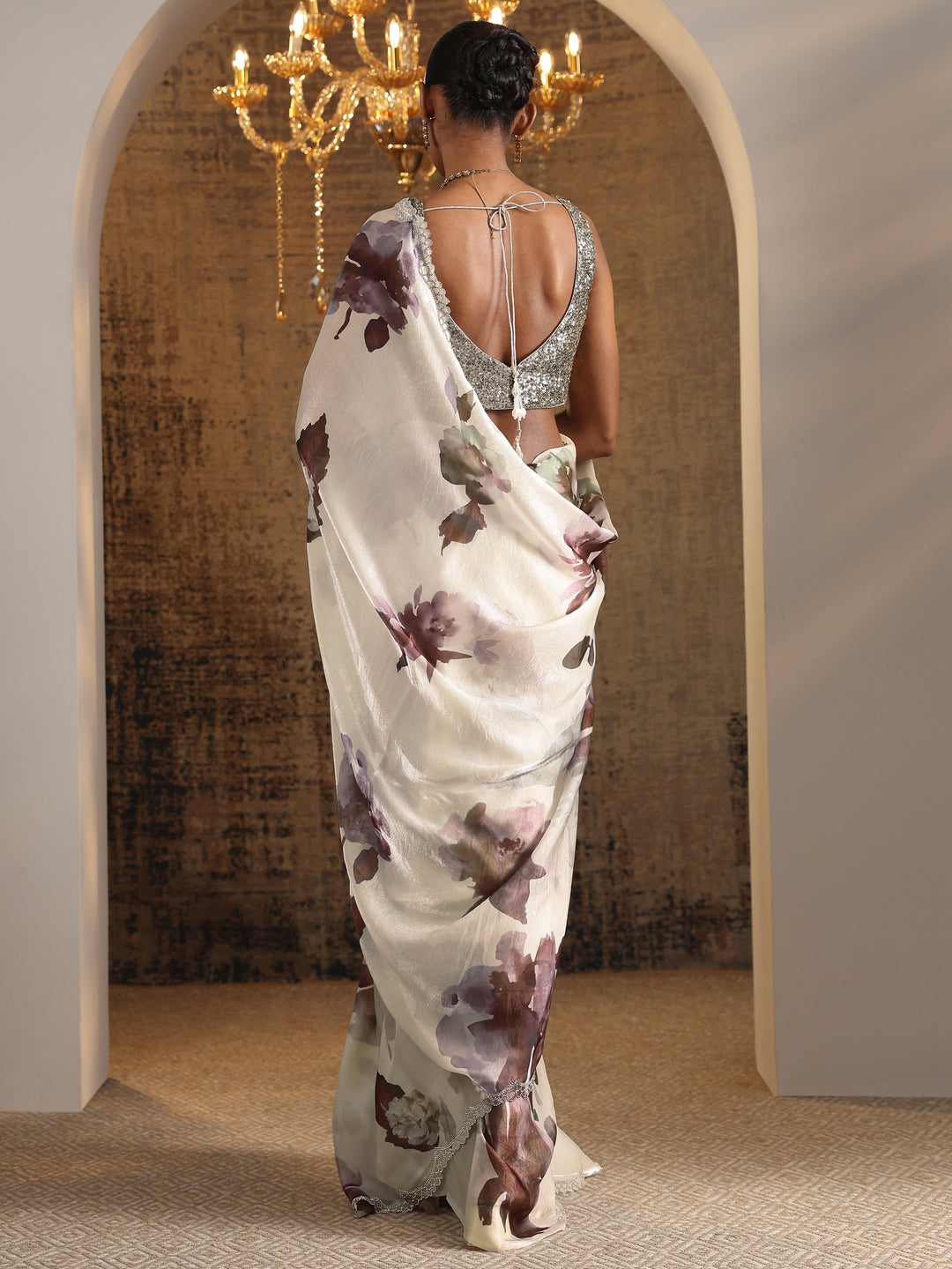 Brown Printed Satin Saree With Unstitched Blouse Piece