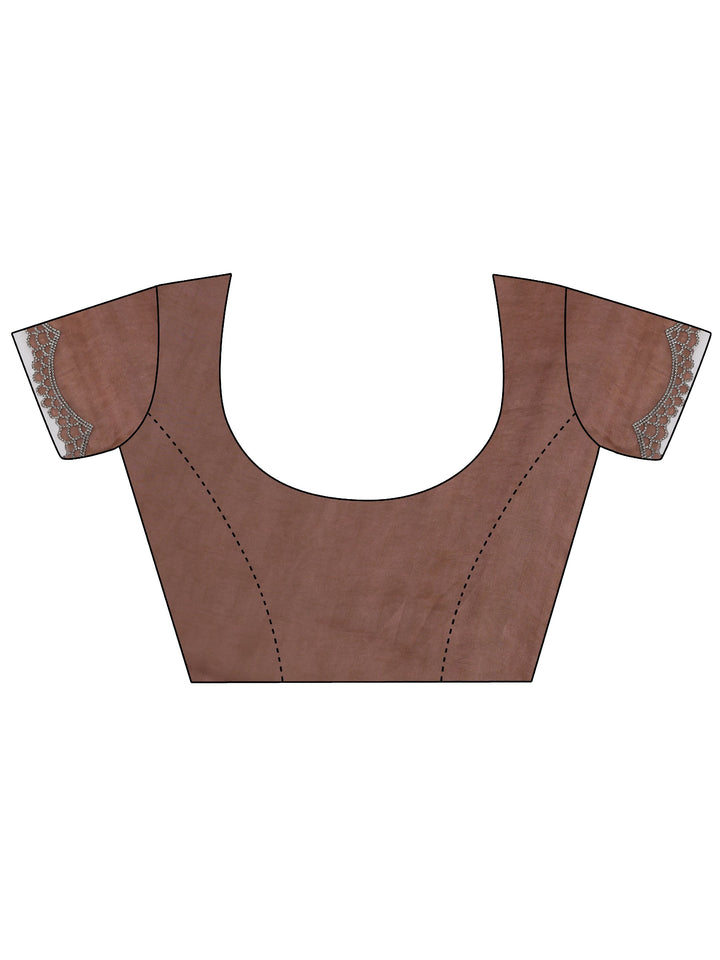 Brown Printed Satin Saree With Unstitched Blouse Piece