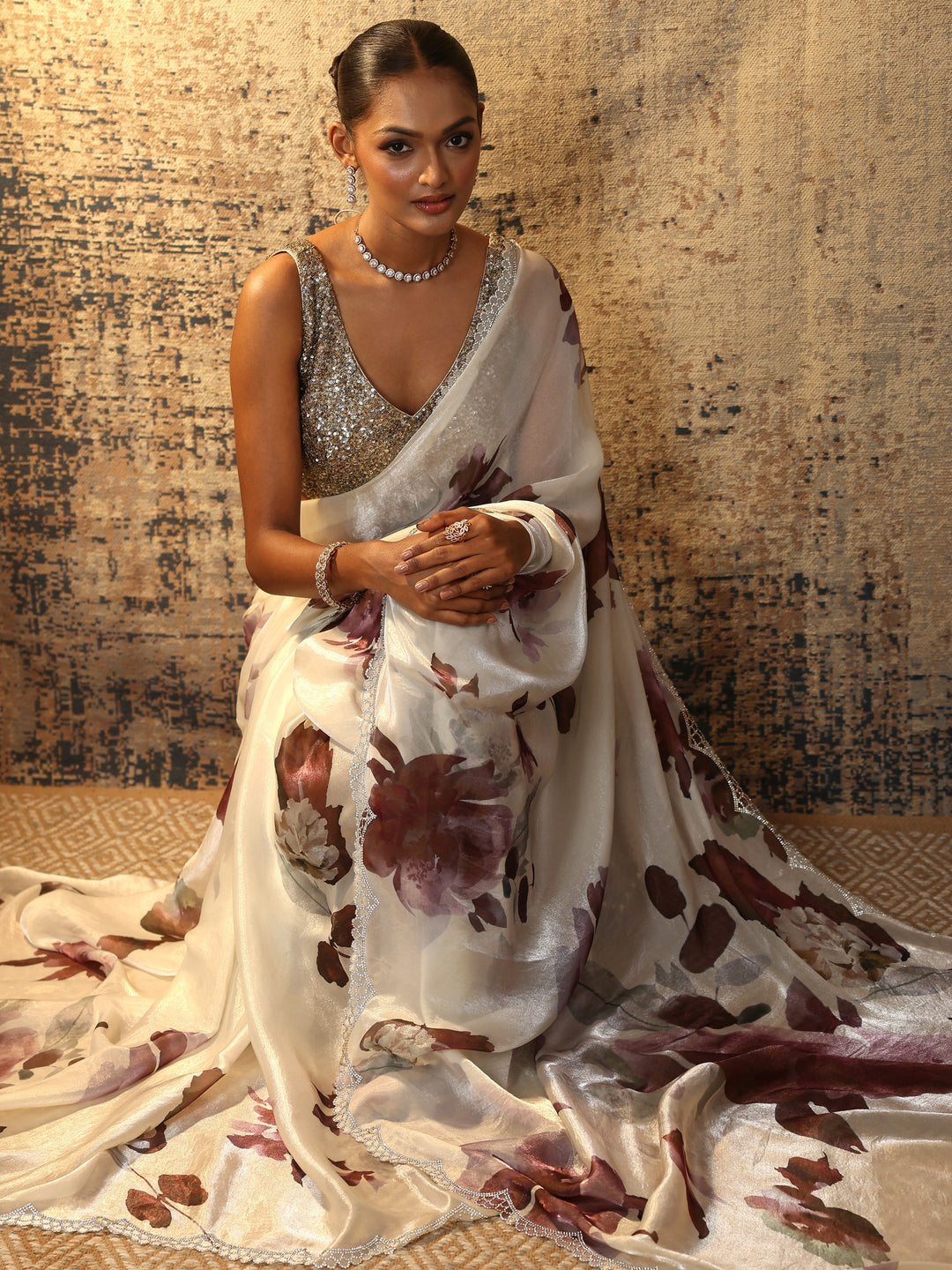 Brown Printed Satin Saree With Unstitched Blouse Piece