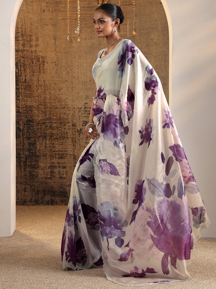 Purple Printed Satin Saree With Unstitched Blouse Piece