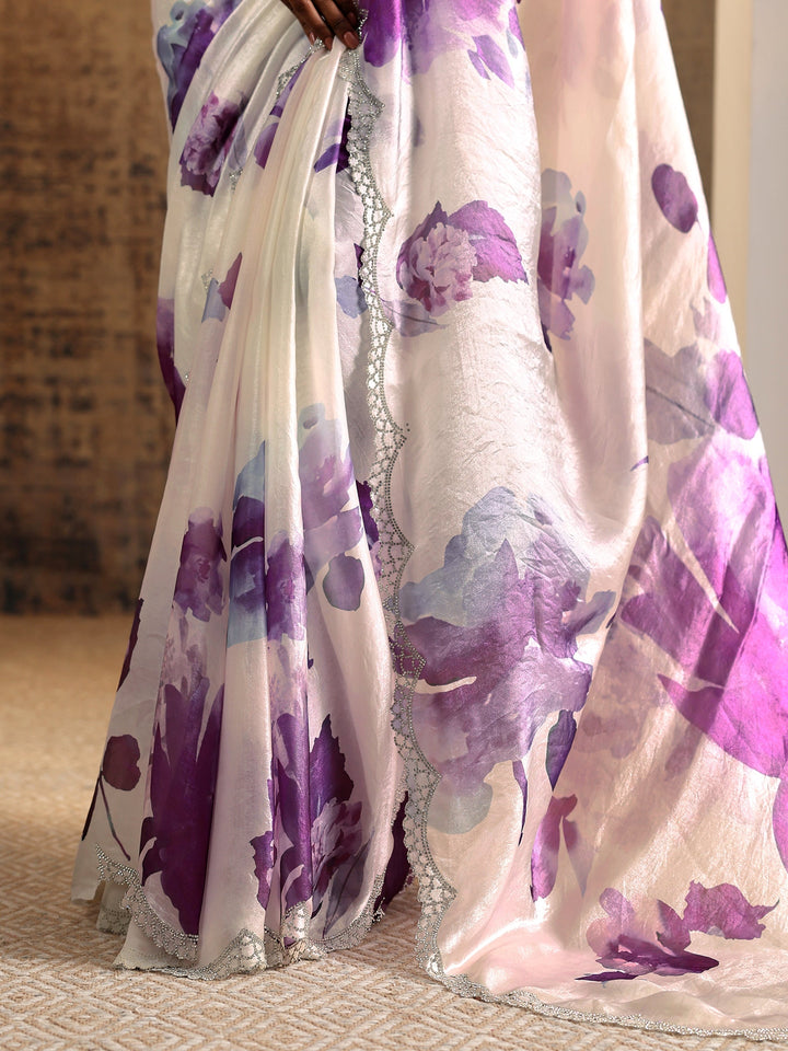 Purple Printed Satin Saree With Unstitched Blouse Piece