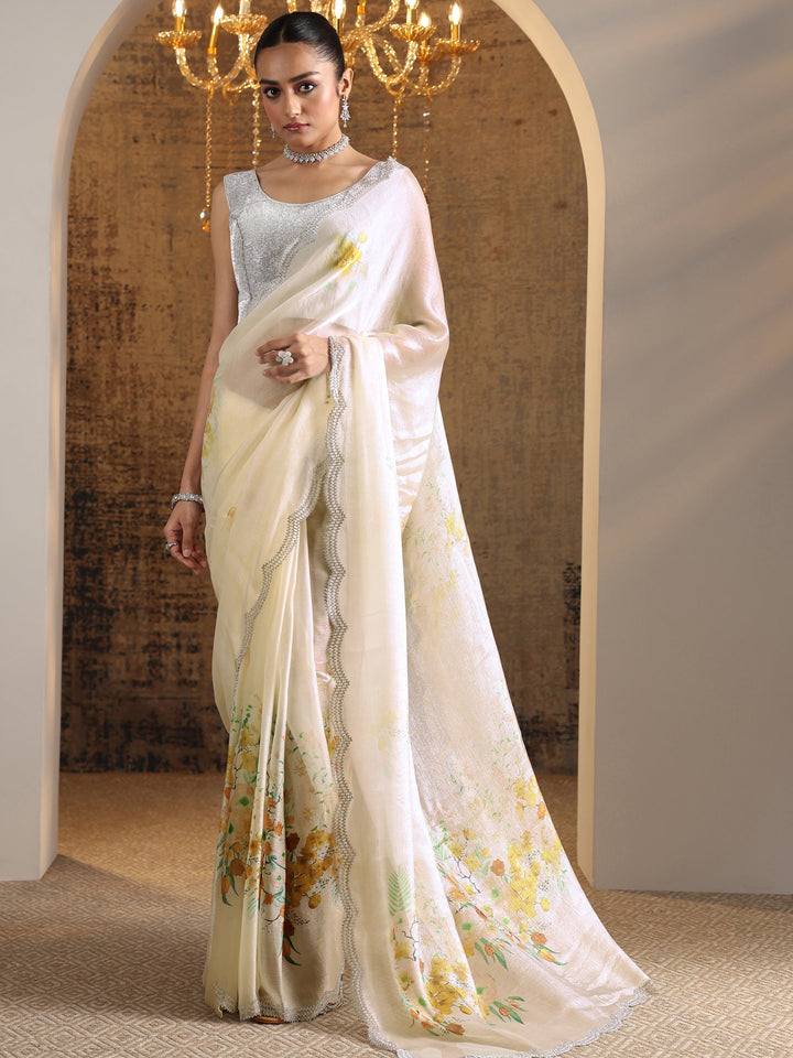 Yellow Printed Satin Saree With Unstitched Blouse Piece