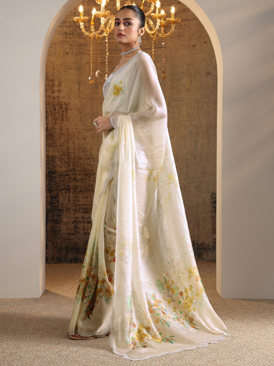 Yellow Printed Satin Saree With Unstitched Blouse Piece