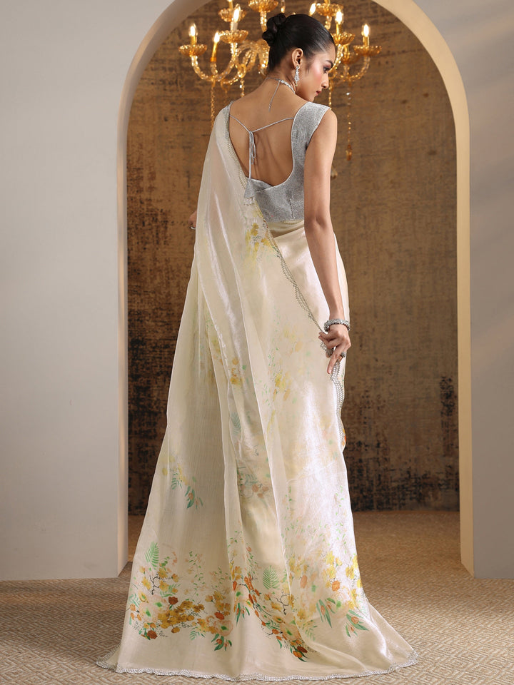 Yellow Printed Satin Saree With Unstitched Blouse Piece