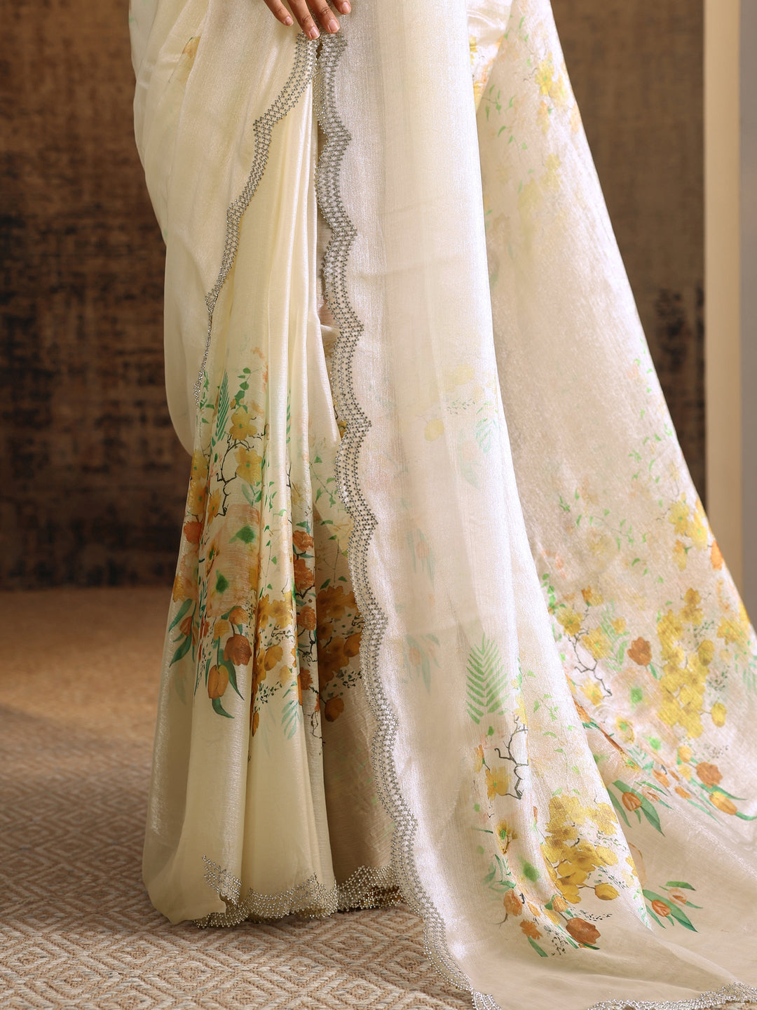 Yellow Printed Satin Saree With Unstitched Blouse Piece