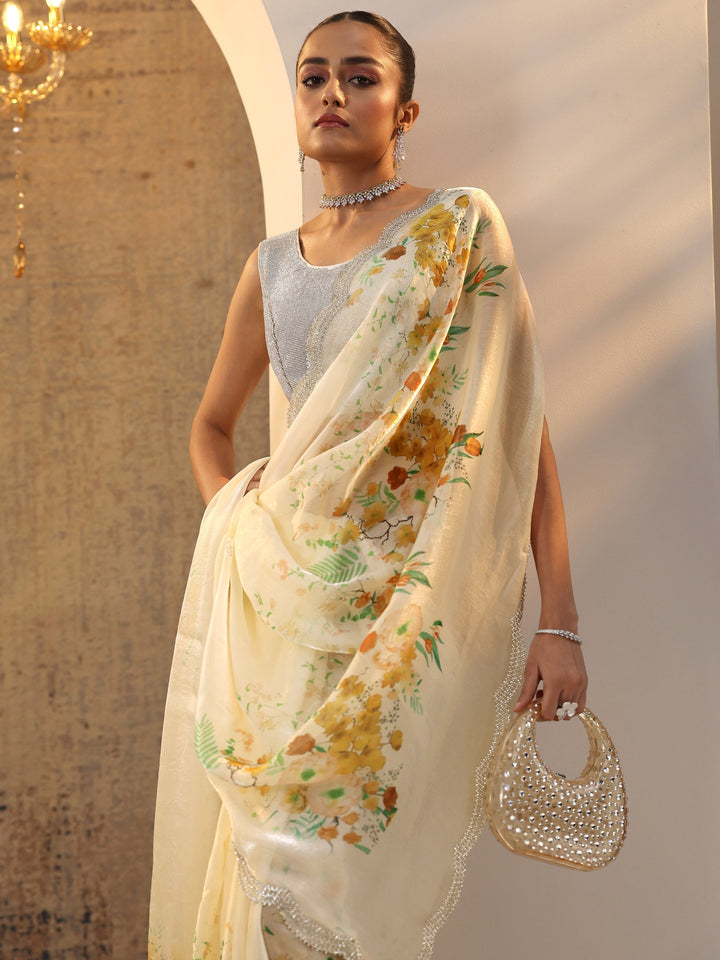 Yellow Printed Satin Saree With Unstitched Blouse Piece