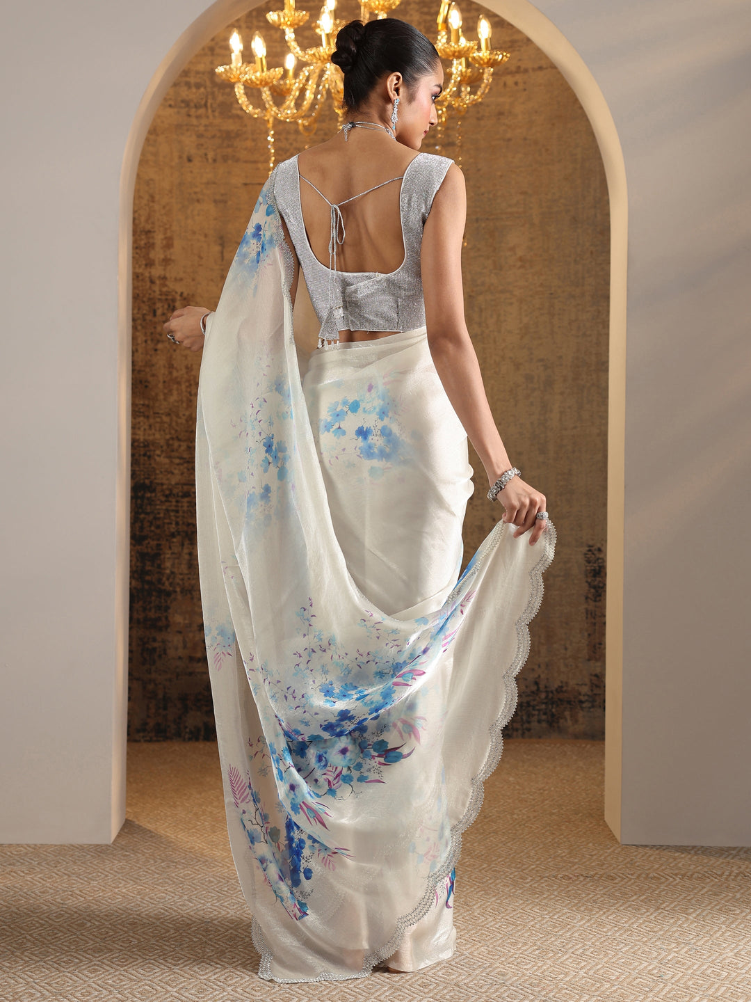 Blue Printed Satin Saree With Unstitched Blouse Piece