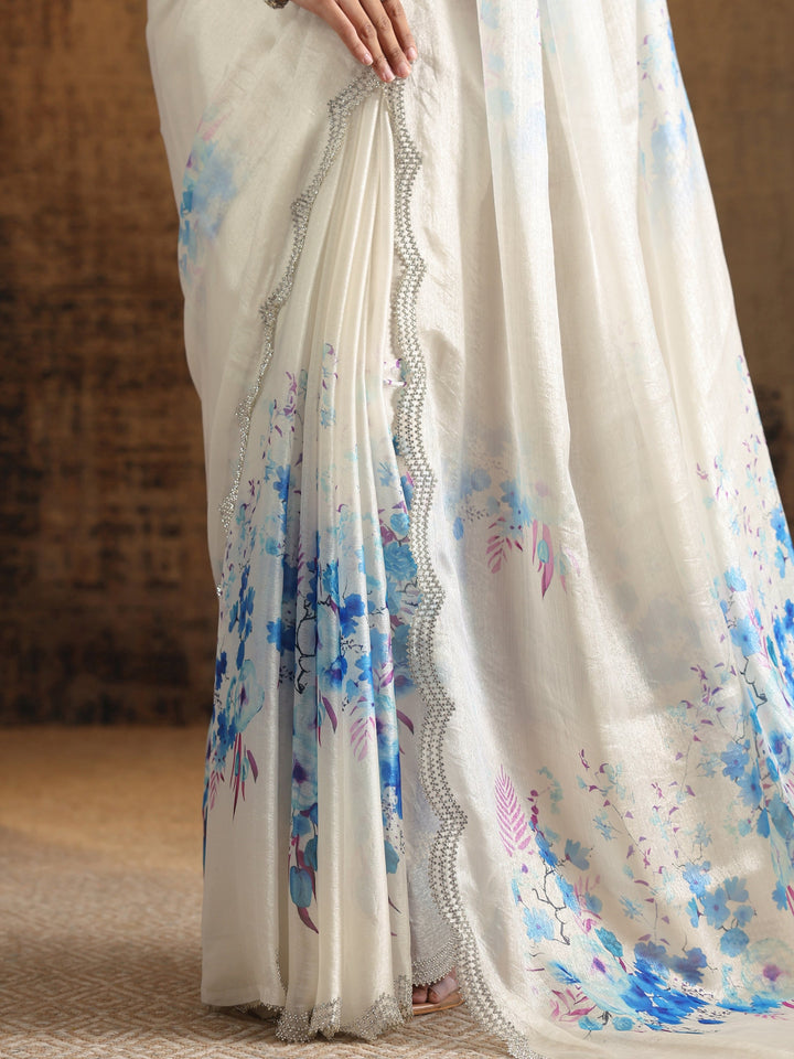 Blue Printed Satin Saree With Unstitched Blouse Piece