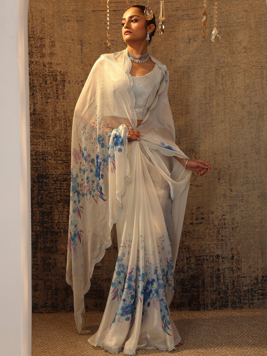 Blue Printed Satin Saree With Unstitched Blouse Piece