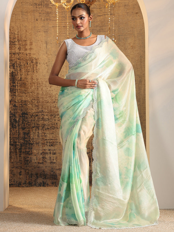 Green Printed Satin Saree With Unstitched Blouse Piece
