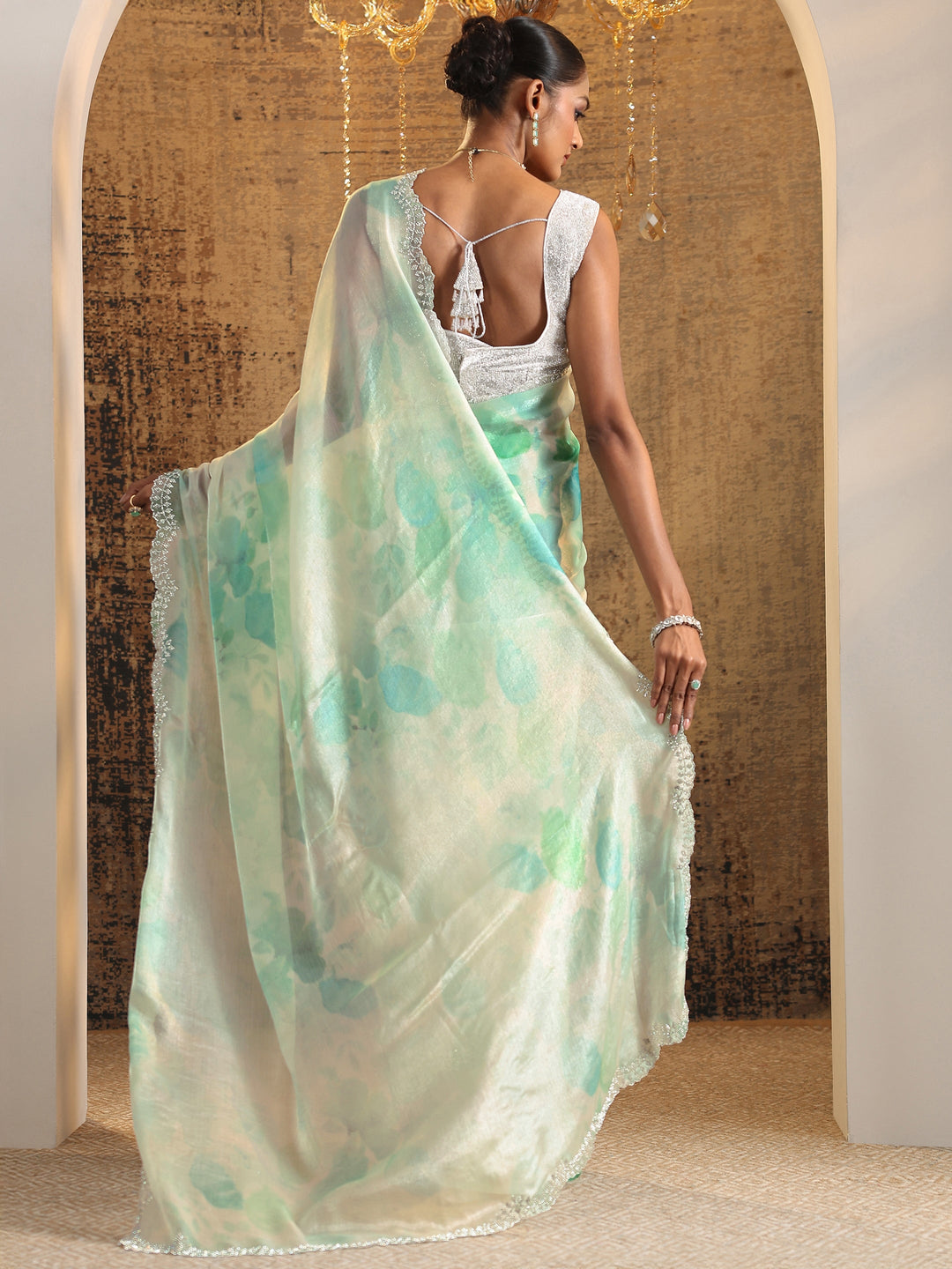 Green Printed Satin Saree With Unstitched Blouse Piece